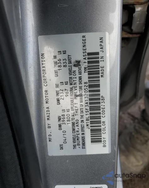2010 Mazda 3 I from USA, damaged, VIN JM1BL1SF3A1320528